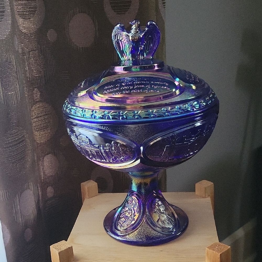 FENTON Rare Bicentennial Iridescent Cobalt Blue Carnival Glass Lidded Compote